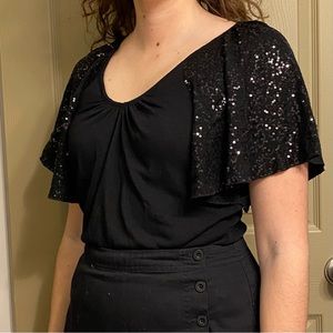 Sparkly Flutter Sleeve Top, Black Sequins, Deep Scoop Neck Blouse